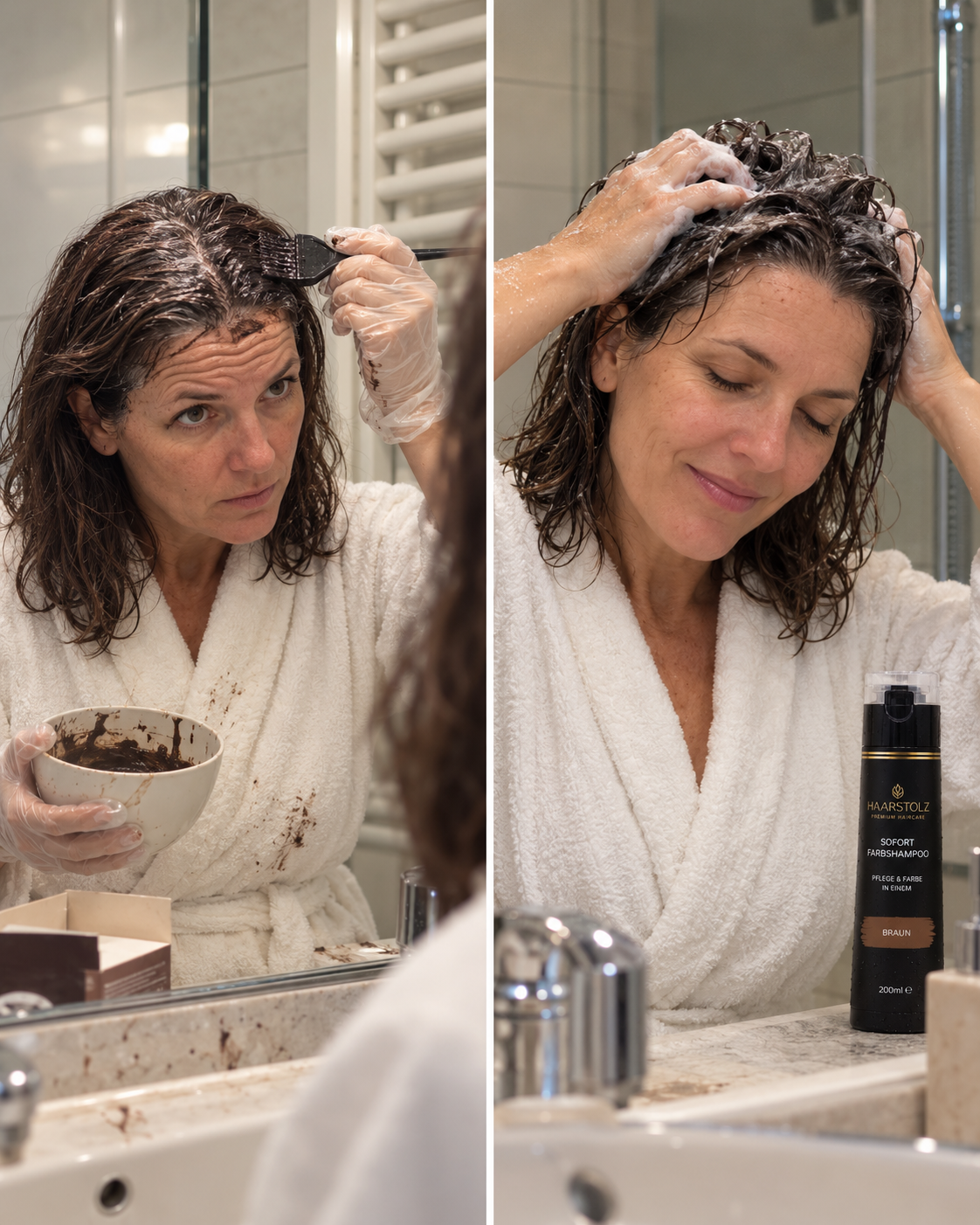 Links: Haare färben mit Drogerie-Haarfarbe, Anrührschale und Pinsel. Rechts: Haarstolz Sofort-Farbshampoo einfach in die Kopfhaut einmassieren.
