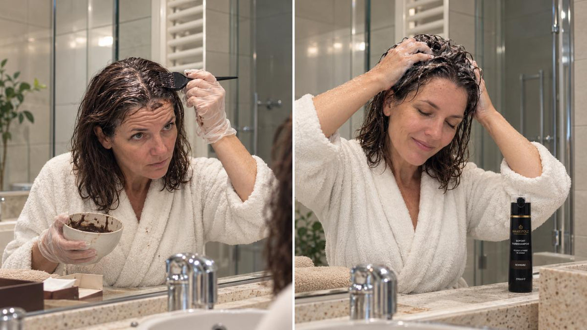 Links: Haare färben mit Drogerie-Haarfarbe, Anrührschale und Pinsel. Rechts: Haarstolz Sofort-Farbshampoo einfach in die Kopfhaut einmassieren.