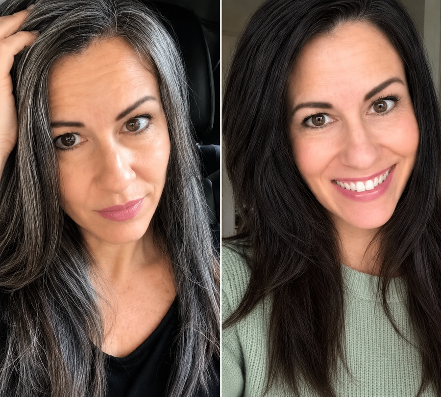 Vorher-Nachher-Ergebnis mit Haarstolz Sofort-Farbshampoo