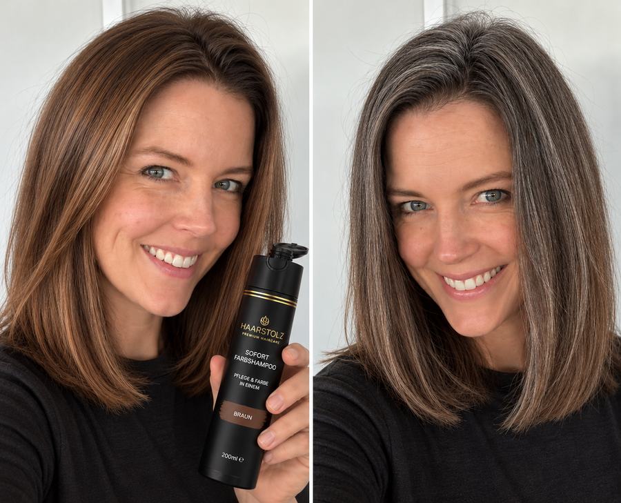 Vorher-Nachher-Ergebnis mit Haarstolz Sofort-Farbshampoo