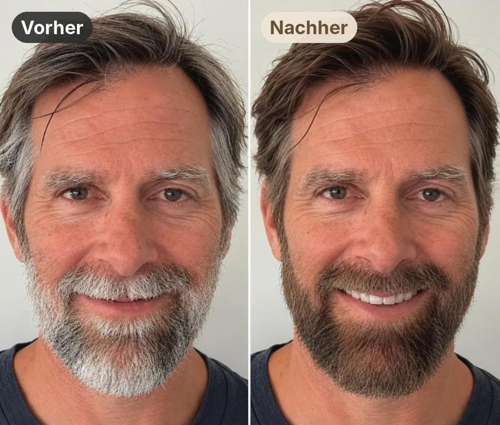Vorher-Nachher: Mann mit grauem Bart und Haaren, danach braun gefärbt