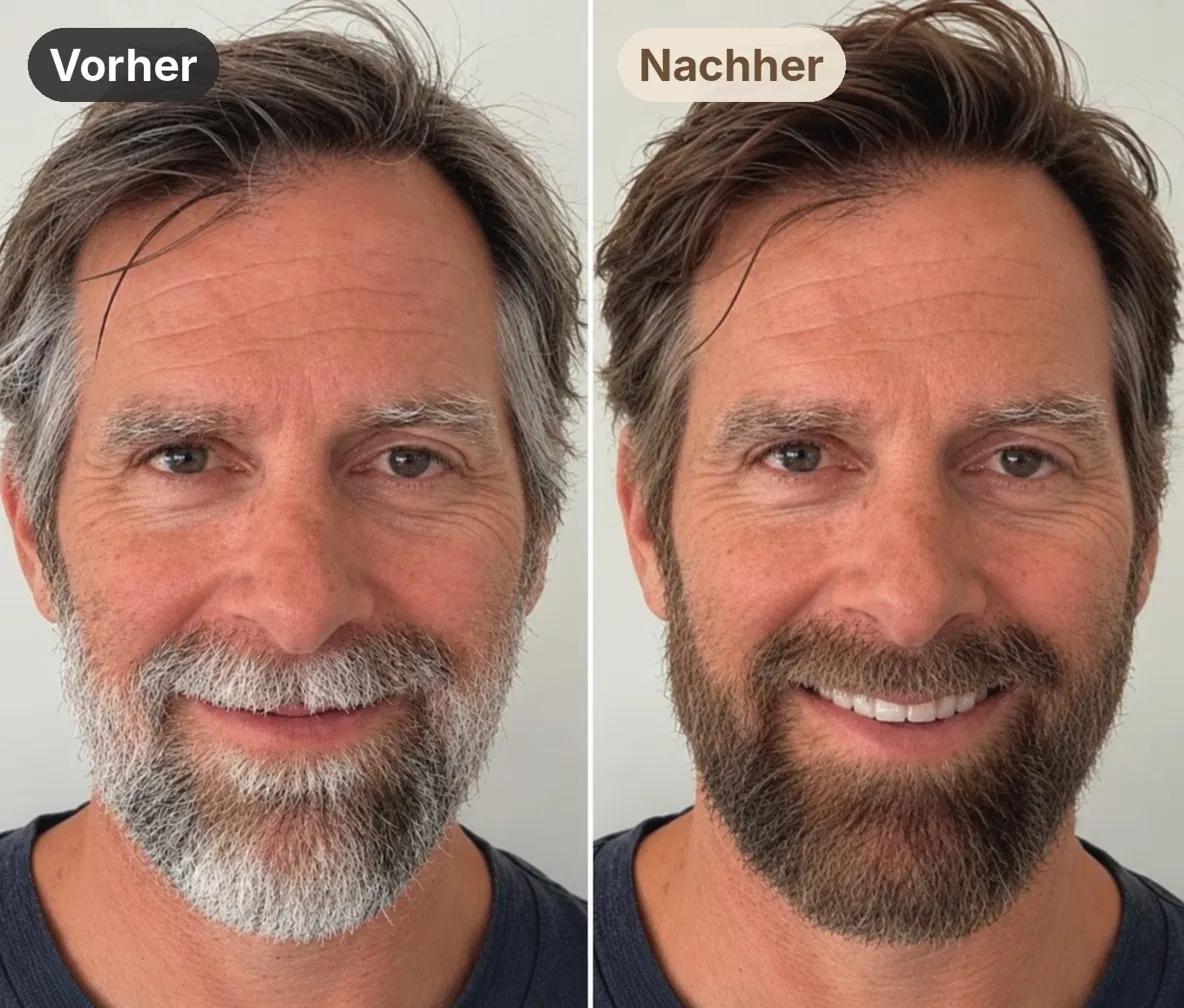 Vorher-Nachher: Mann mit grauem Bart und Haaren, danach braun gefärbt